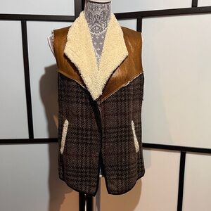 Brown Plaid Vest with Cream Sherpa Collar and Faux Leather Yoke
